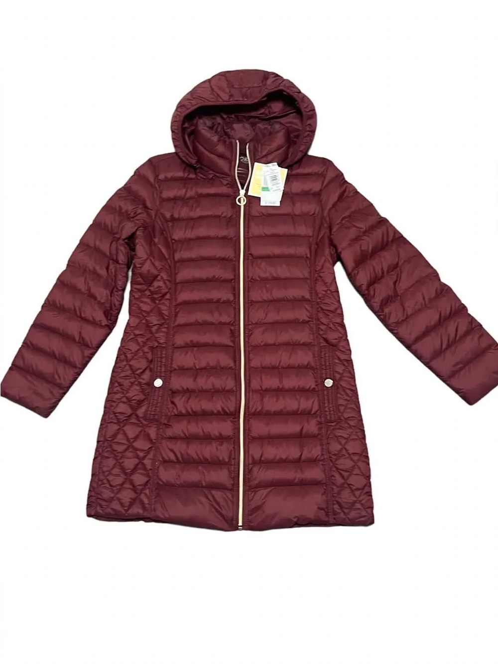 Michael Kors Packable Down Coat L Brandy Burgundy Long Puffer HoodNWT $159 FLAW